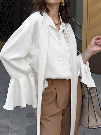 Button Down Flounce Sleeve Shirt for Stylish Women - Selvanelle