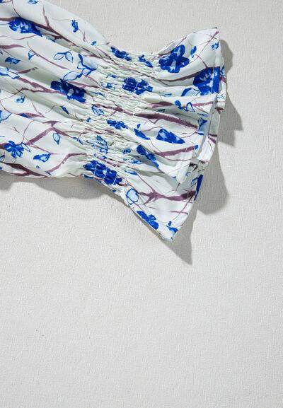 Waffle-Knit Printed Round Neck Flounce Sleeve Blouse for Women - Selvanelle