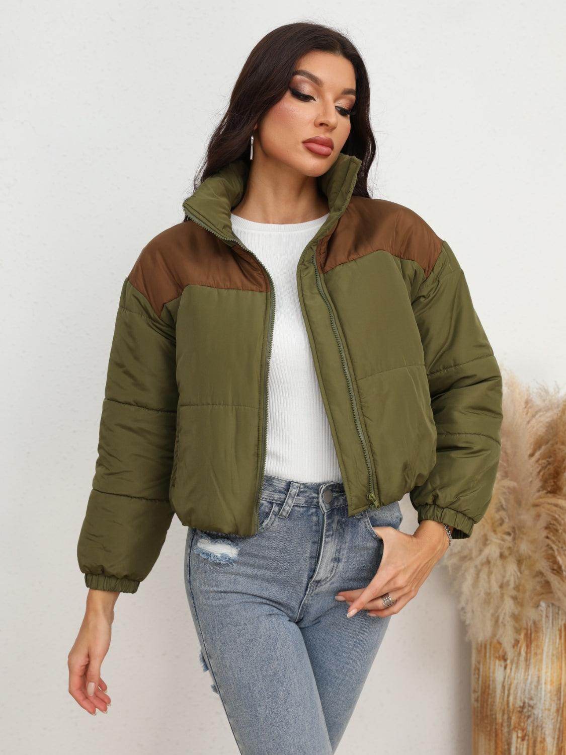 Two-Tone Zip-Up Puffer Jacket for Women Stylish Outerwear - Selvanelle