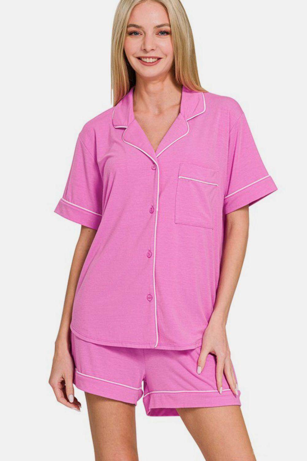 Zenana Button Down Short Sleeve Top and Shorts Lounge Set - Selvanelle