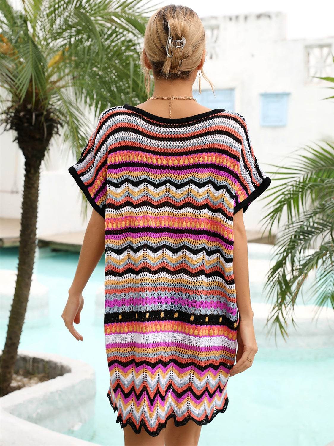 Angel Wings Rainbow Stripe Scalloped V-Neck Cover-Up Dress - Selvanelle