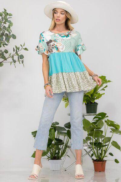 Celeste Printed Color Block Ruffled Short Sleeve Top for Women - Selvanelle