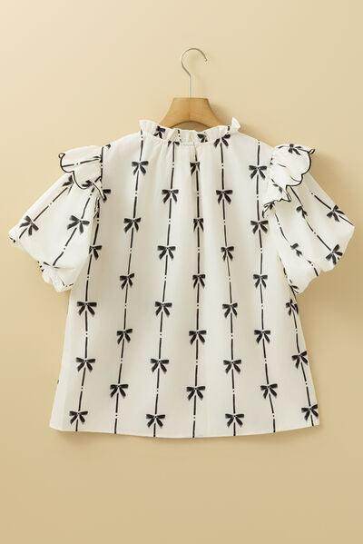 Bow Print Tie Neck Short Sleeve Blouse for Women - Selvanelle