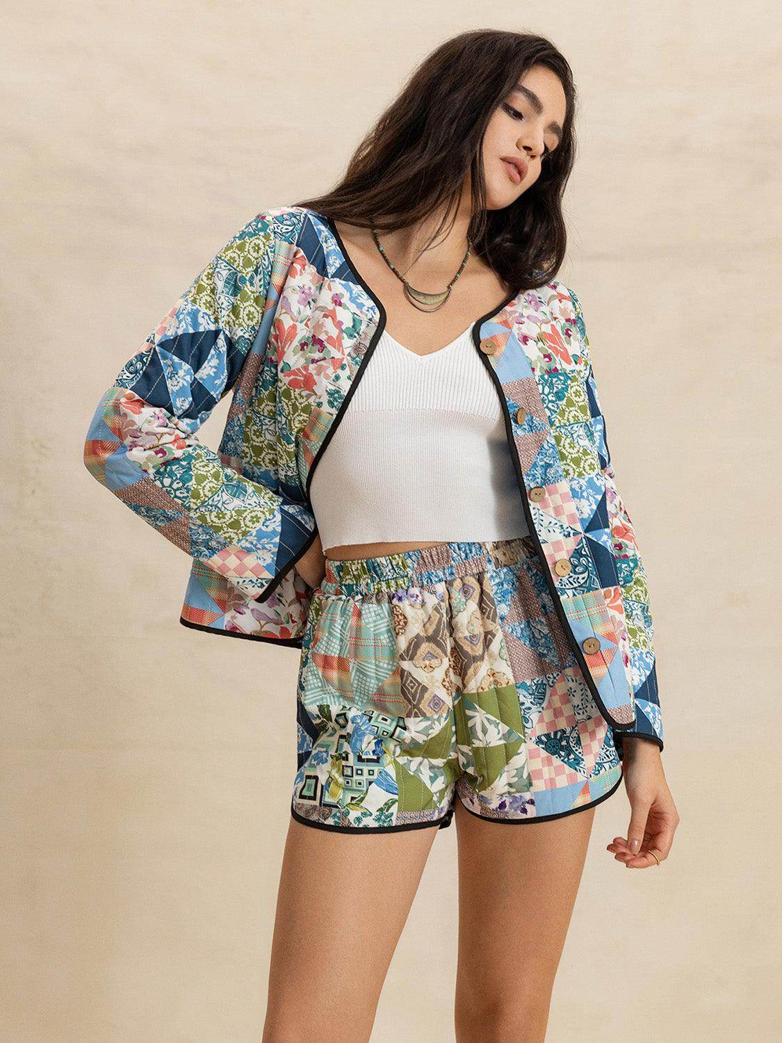 Printed Button Up Long Sleeve Outerwear and Shorts Set - Selvanelle