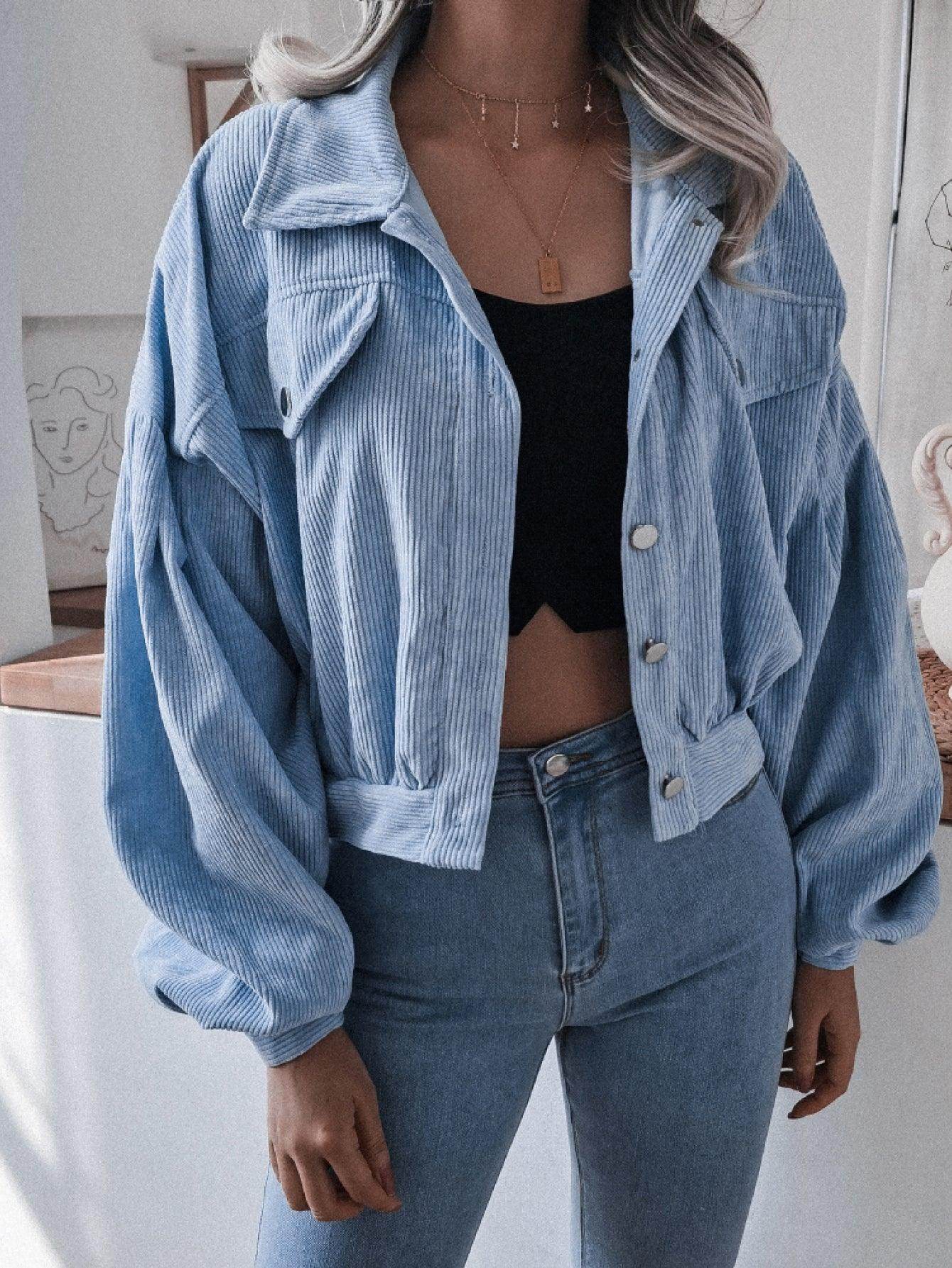Lantern Sleeve Cropped Corduroy Jacket for Stylish Comfort - Selvanelle