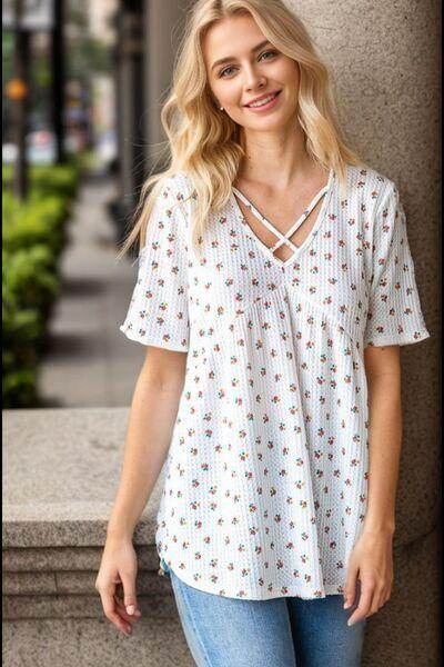 Heimish Full Size Crisscross Ditsy Floral Babydoll Top Plus Size - Selvanelle