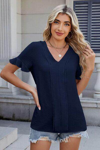Ruffled V-Neck Short Sleeve Blouse for Stylish Women - Selvanelle