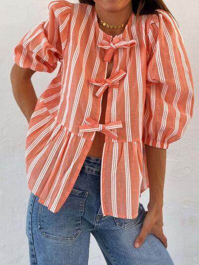 Tied Round Neck Balloon Sleeve Shirt for Stylish Look - Selvanelle