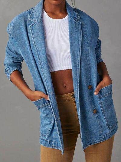 Pocketed Lapel Collar Long Sleeve Denim Jacket for Women - Selvanelle