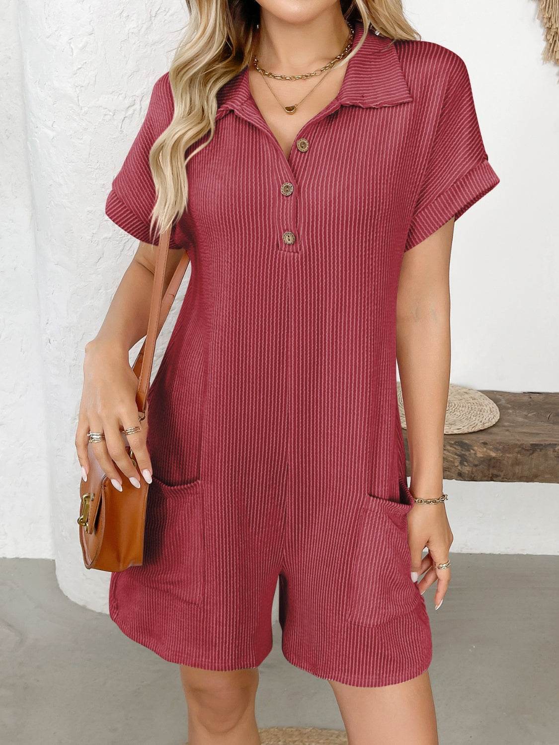 Button Detail Collared Neck Short Sleeve Romper - Selvanelle