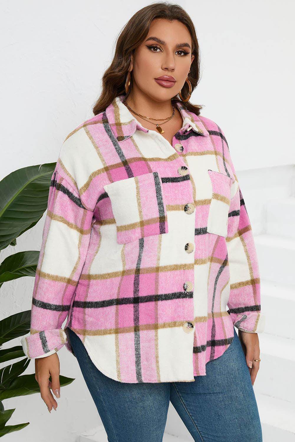 Plaid Button Up Dropped Shoulder Jacket for Women Stylish - Selvanelle