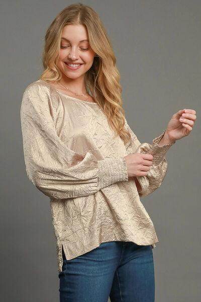 Umgee Wrinkled Round Neck Lantern Sleeve Blouse for Women - Selvanelle