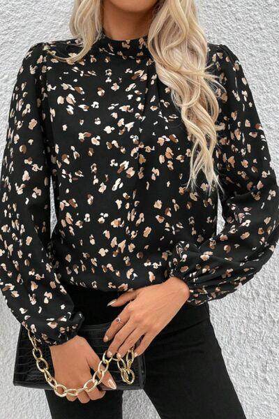 Printed Mock Neck Balloon Sleeve Blouse for Women - Selvanelle