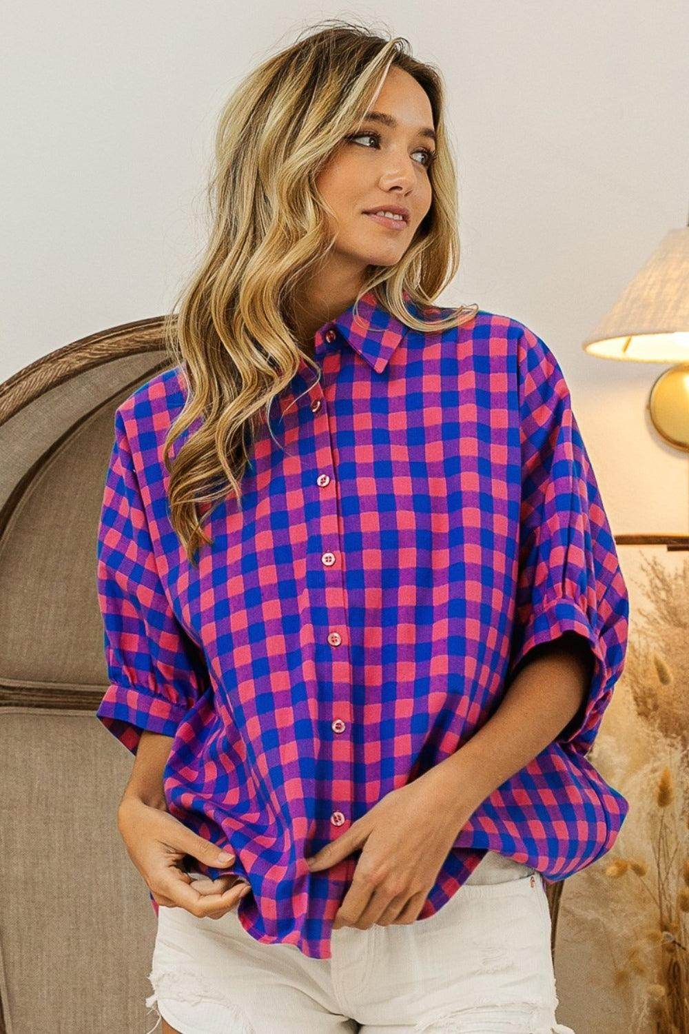 BiBi Plaid Button Up Dolman Sleeve Shirt for Women - Selvanelle