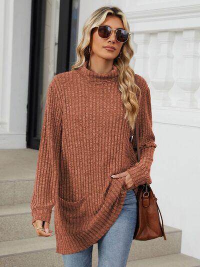 Ribbed Mock Neck Long Sleeve T-Shirt for Women Stylish Wear - Selvanelle