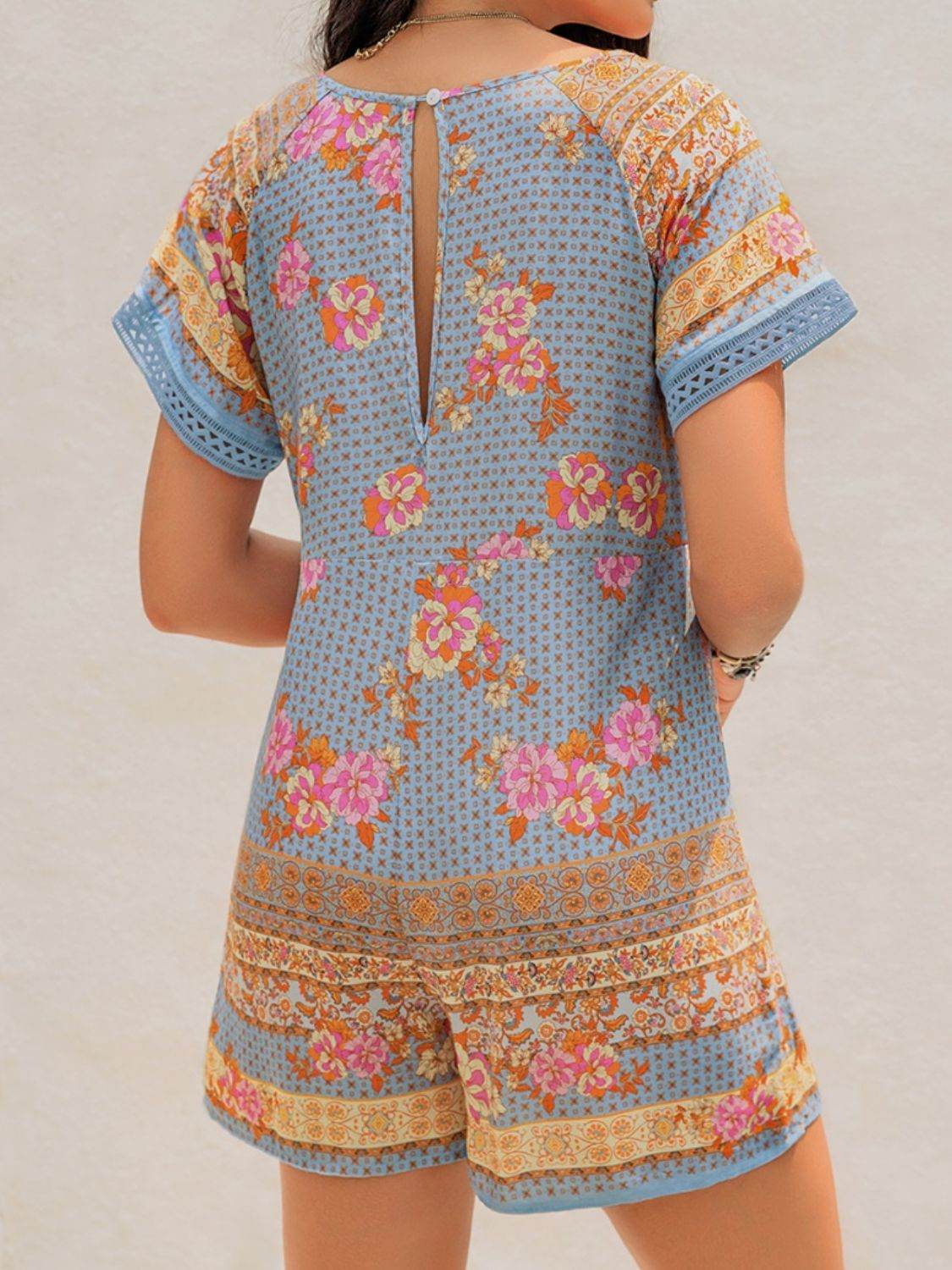 Printed V-Neck Short Sleeve Romper - Selvanelle