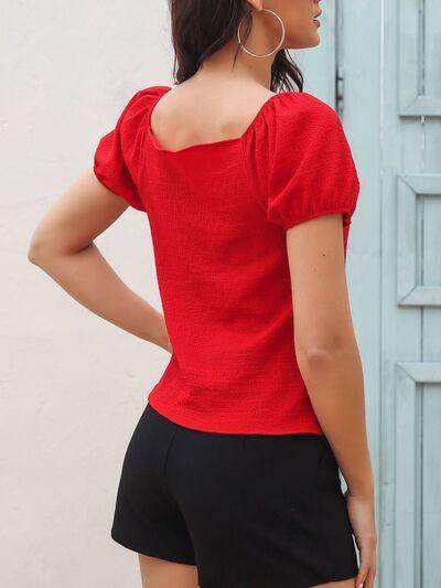 Ruched Decor Button V-Neck Short Sleeve Blouse for Women - Selvanelle