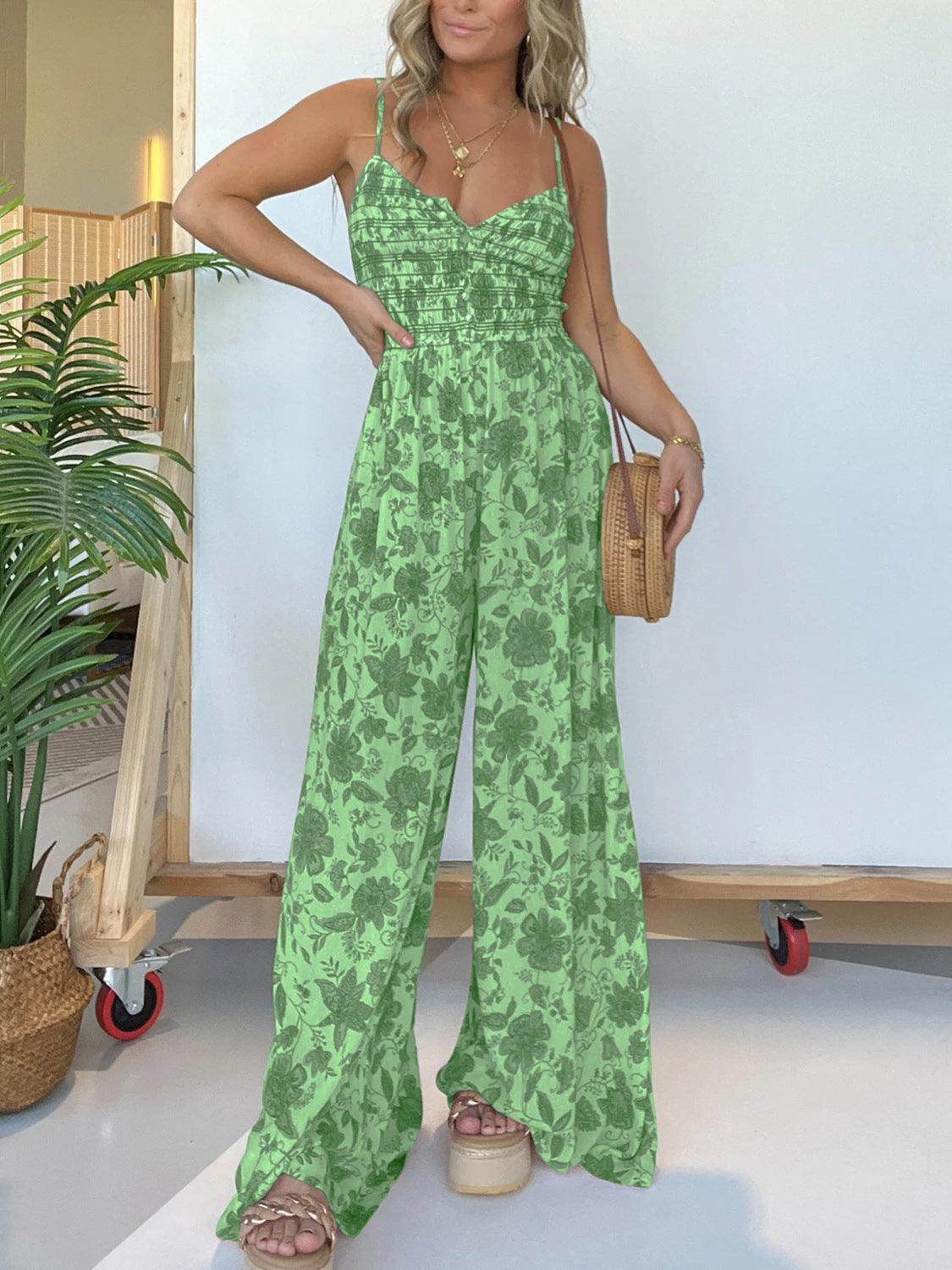 Full Size Printed Spaghetti Strap Wide Leg Jumpsuit for Women - Selvanelle