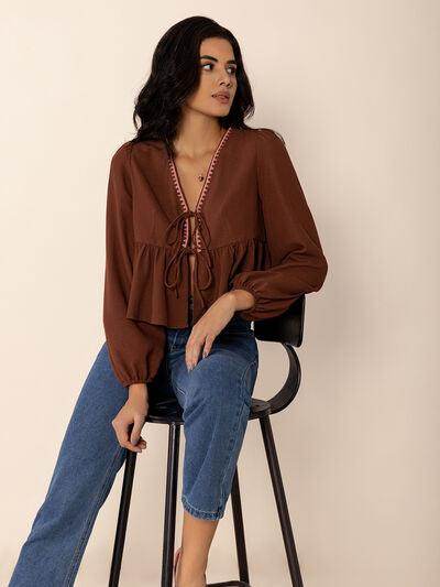 Peplum Tied V-Neck Long Sleeve Blouse for Women - Selvanelle