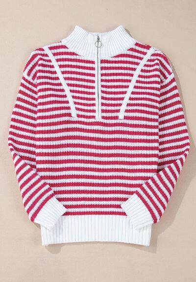 Striped Half Zip Mock Neck Long Sleeve Sweater for Women - Selvanelle