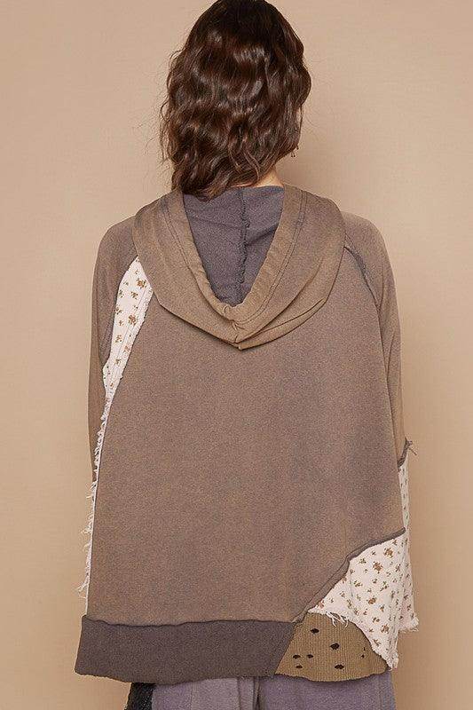 POL Floral Patchwork Distressed Drawstring Hoodie for Women - Selvanelle