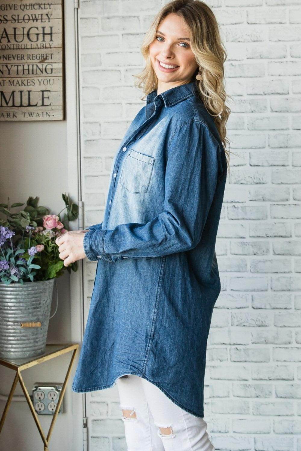 Veveret Pocketed Button Up Washed Denim Shirt for Women - Selvanelle