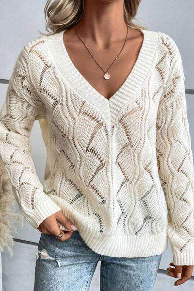 Openwork V-Neck Long Sleeve Sweater for Women Fashion - Selvanelle