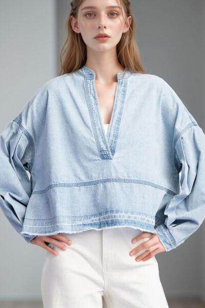 Slit Raw Hem Notched Denim Top for Chic Everyday Style - Selvanelle