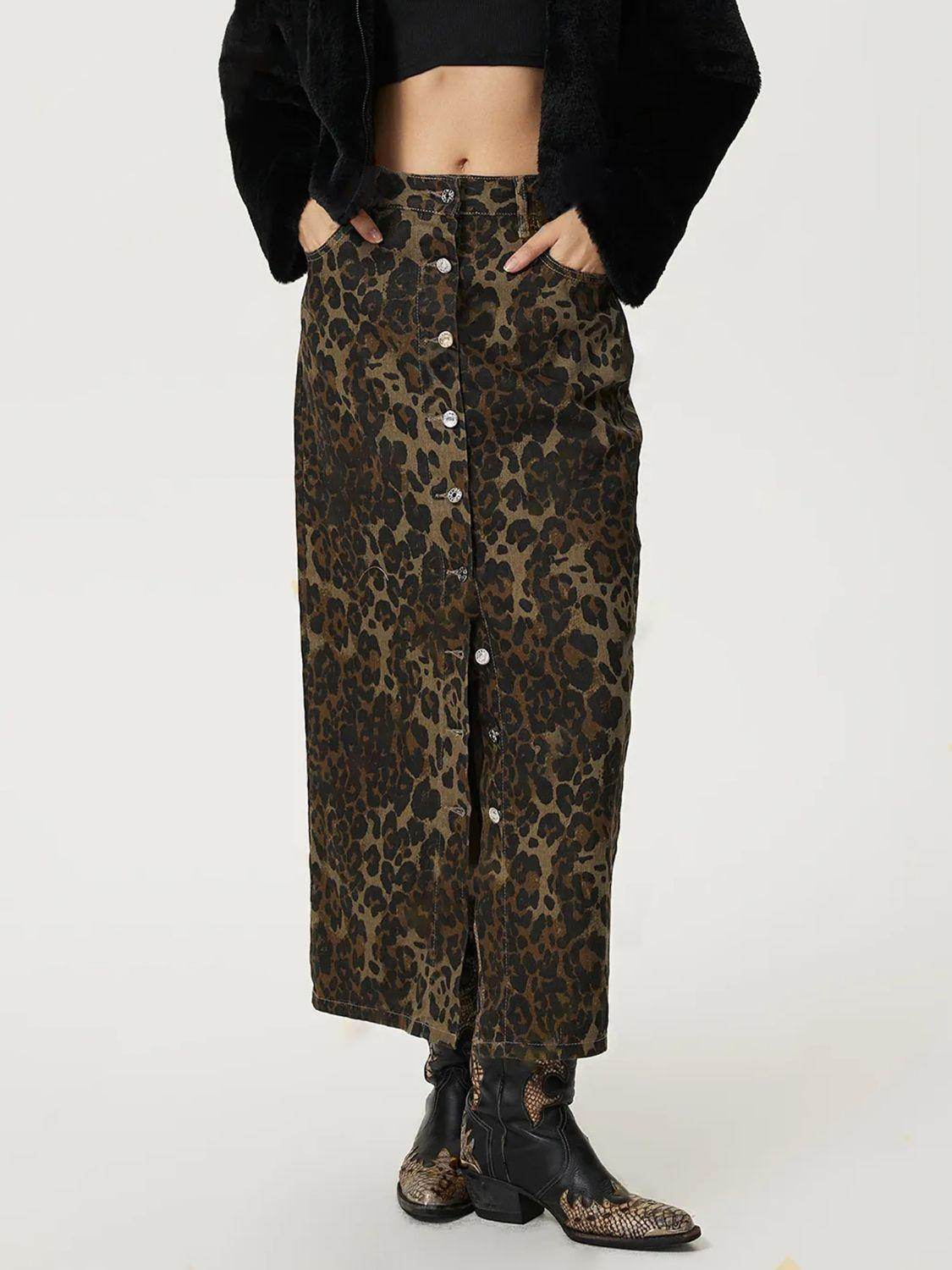 Leopard Button Up Denim Skirt with Pockets and Slit - Selvanelle