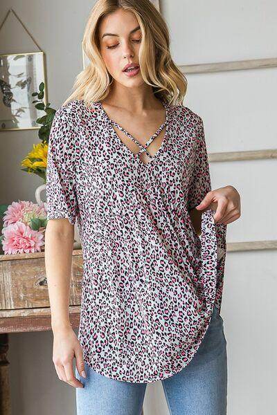 Heimish Full Size Short Sleeve Crisscross Animal Babydoll Top Plus Size - Selvanelle