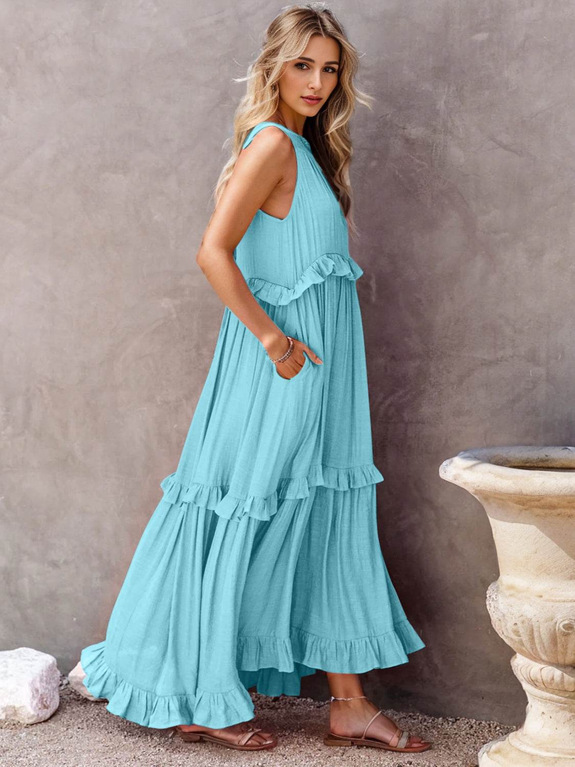 Ruffled Sleeveless Tiered Maxi Dress with Pockets - Selvanelle