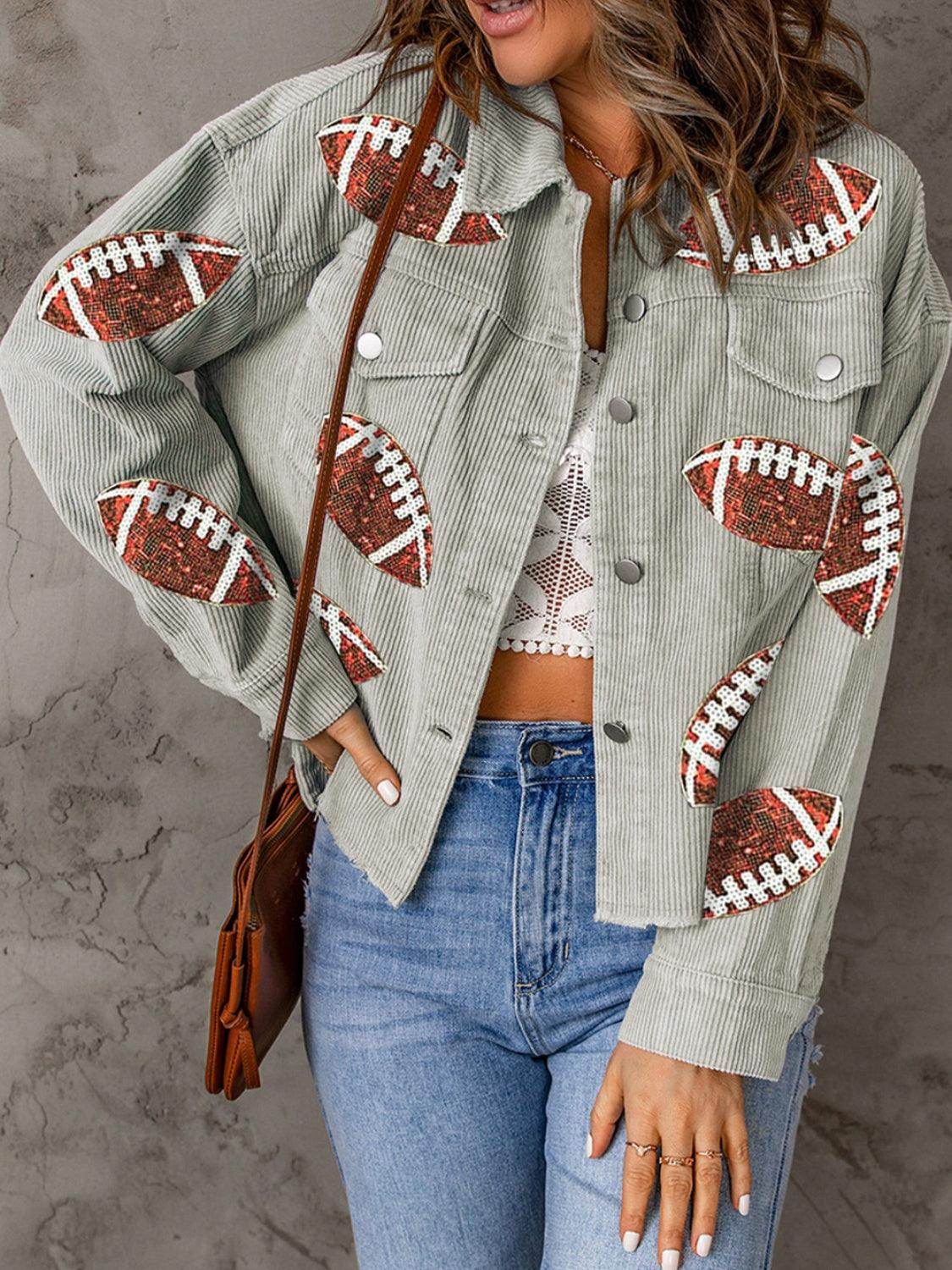 Football Sequin Button Up Dropped Shoulder Jacket for Women - Selvanelle