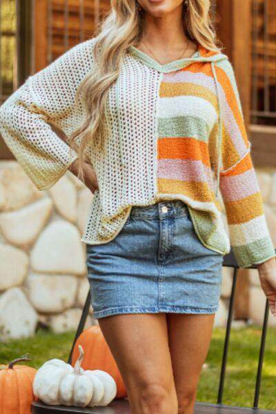 Openwork Color Block Hooded Sweater for Stylish Comfort - Selvanelle