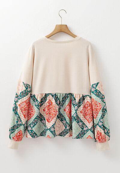 Printed Round Neck Long Sleeve Blouse for Women Fashion - Selvanelle