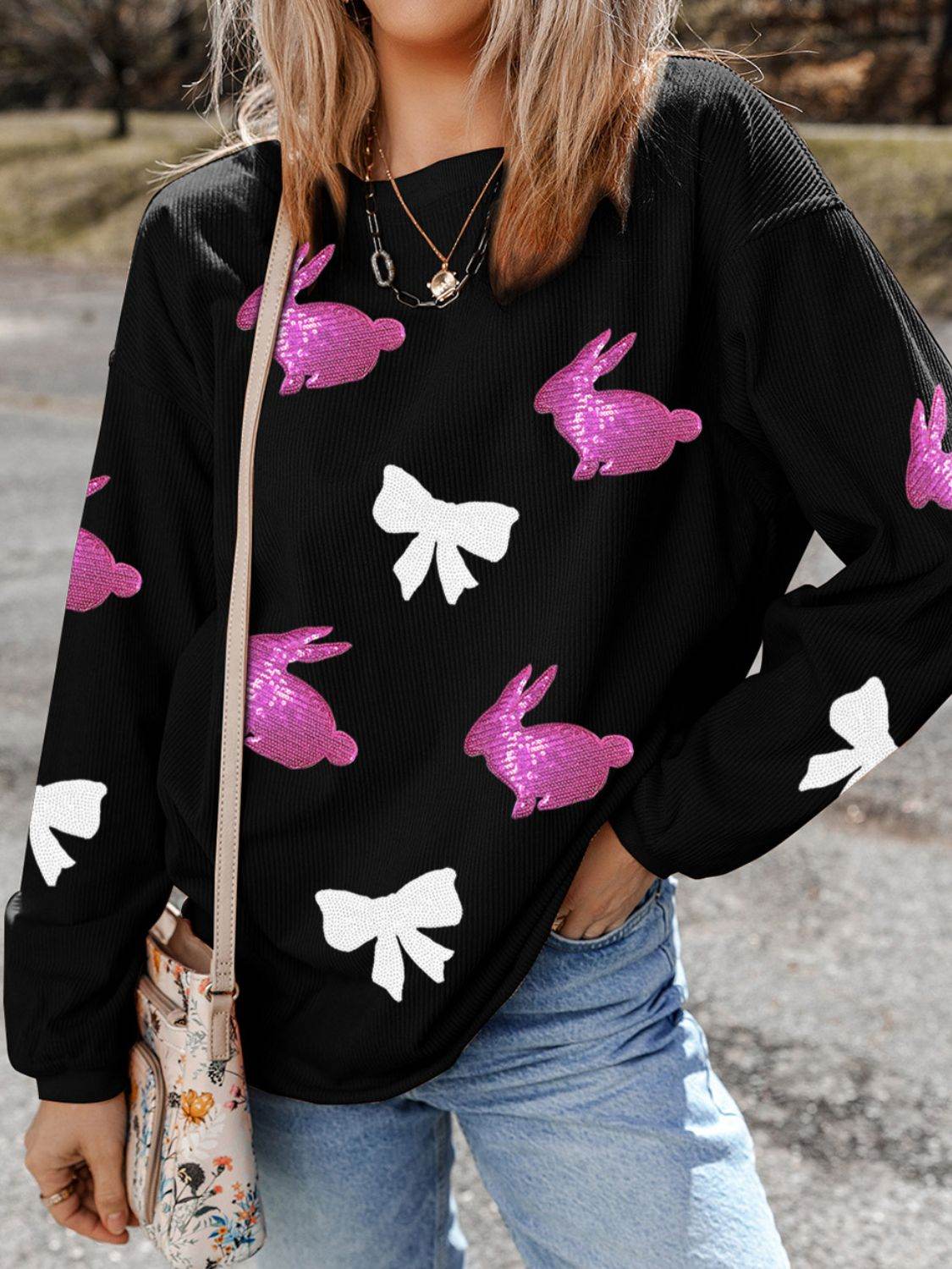 Sequin Bunny Bow Easter Corded Rib Sweatshirt - Selvanelle