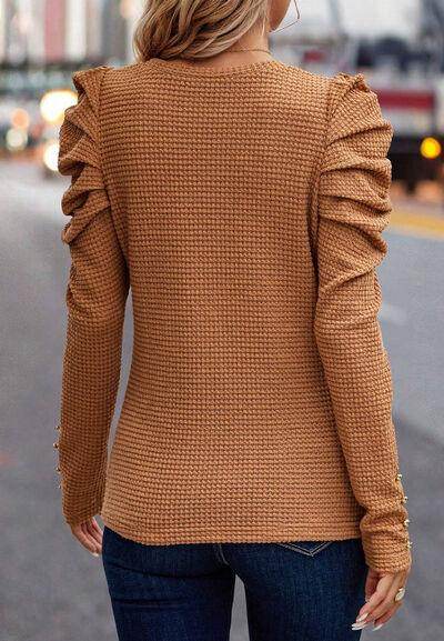 Decorative Button Round Neck Puff Sleeve Blouse for Women - Selvanelle