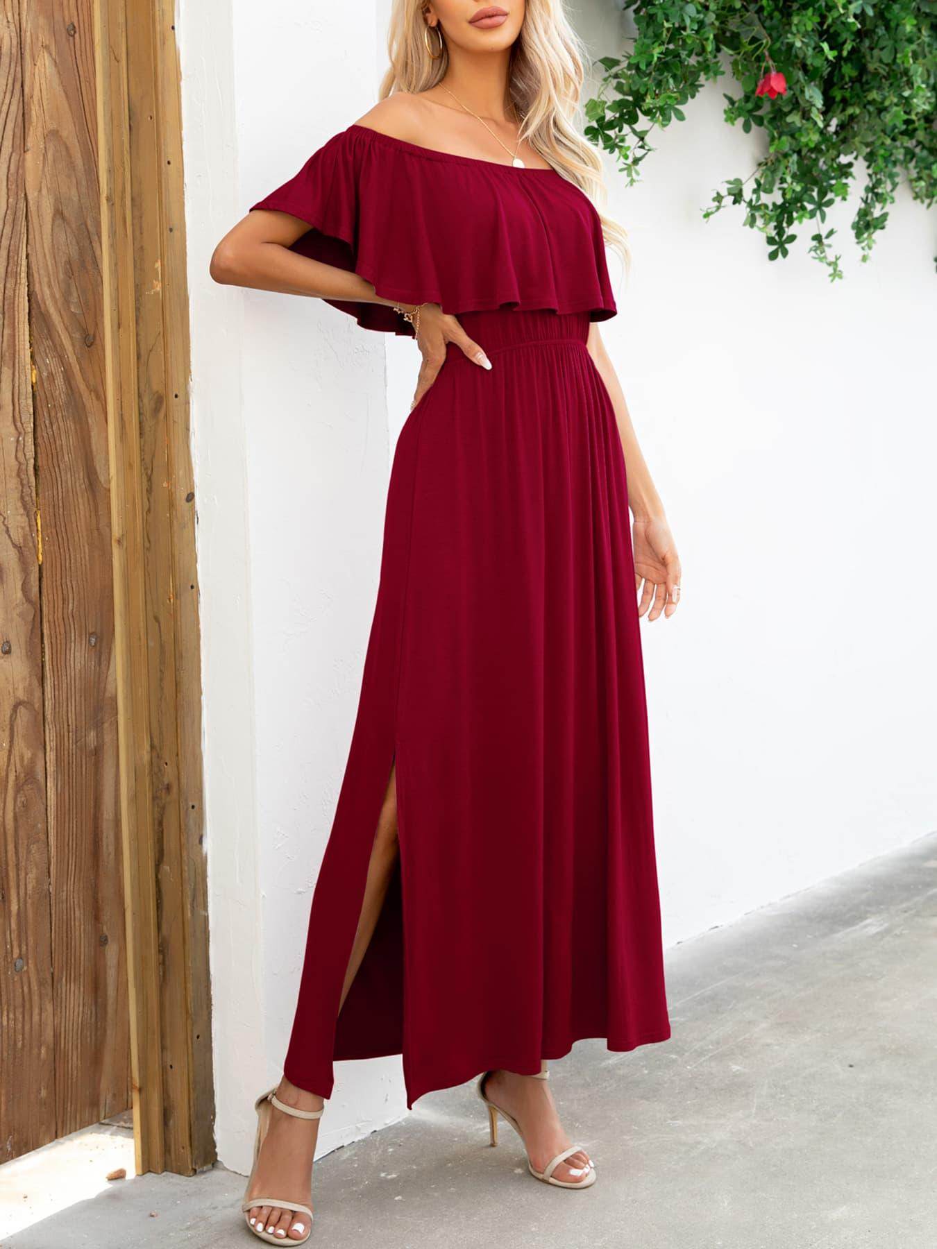 Off-Shoulder Slit Maxi Dress for Elegant Summer Style - Selvanelle