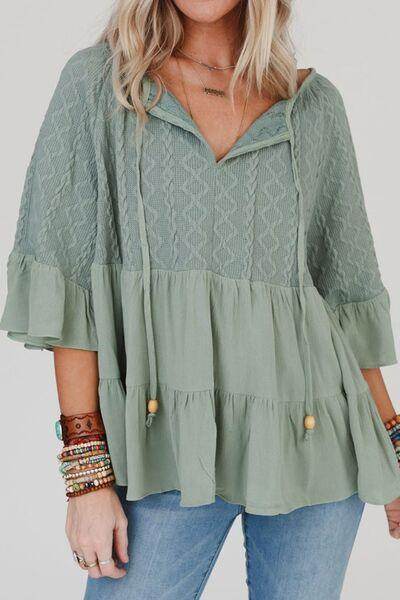 Ruffled Tie Neck Three-Quarter Sleeve Blouse for Women - Selvanelle