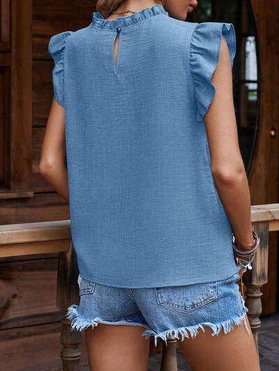 Ruffled Frill Mock Neck Cap Sleeve Blouse for Women - Selvanelle
