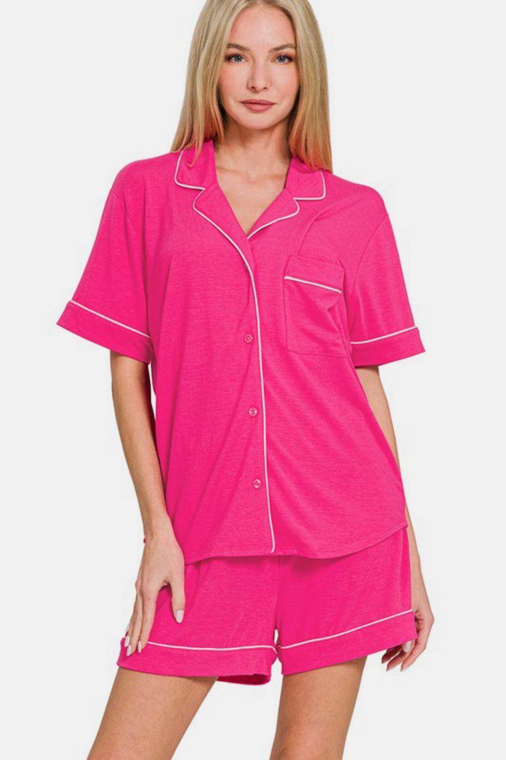 Zenana Button Down Short Sleeve Top and Shorts Lounge Set - Selvanelle