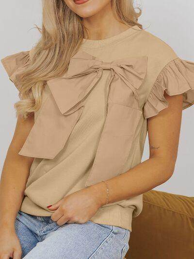 Bow Ruffled Round Neck Cap Sleeve Blouse for Women - Selvanelle