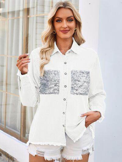 Raw Hem Button Up Long Sleeve Denim Jacket with Sequin Pockets - Selvanelle