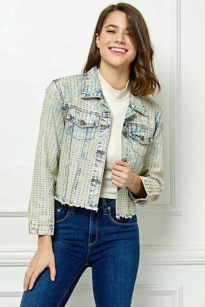Veveret Multi Color Stripe Rhinestone Raw Hem Denim Jacket - Selvanelle