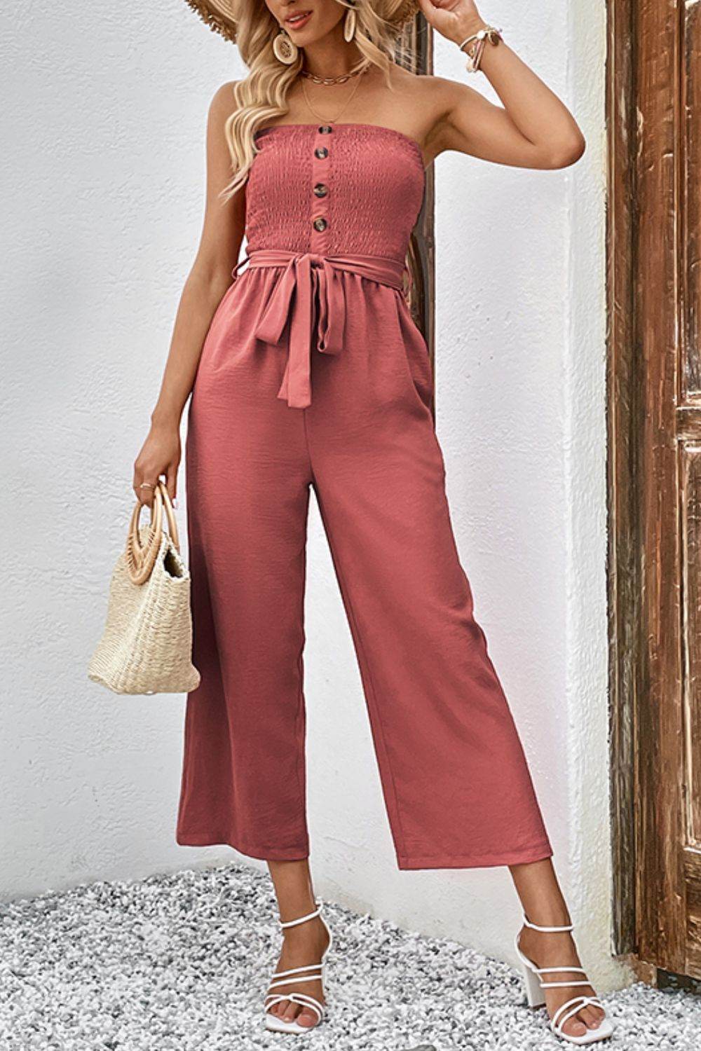 Perfee Decorative Button Strapless Smocked Jumpsuit with Pockets - Selvanelle