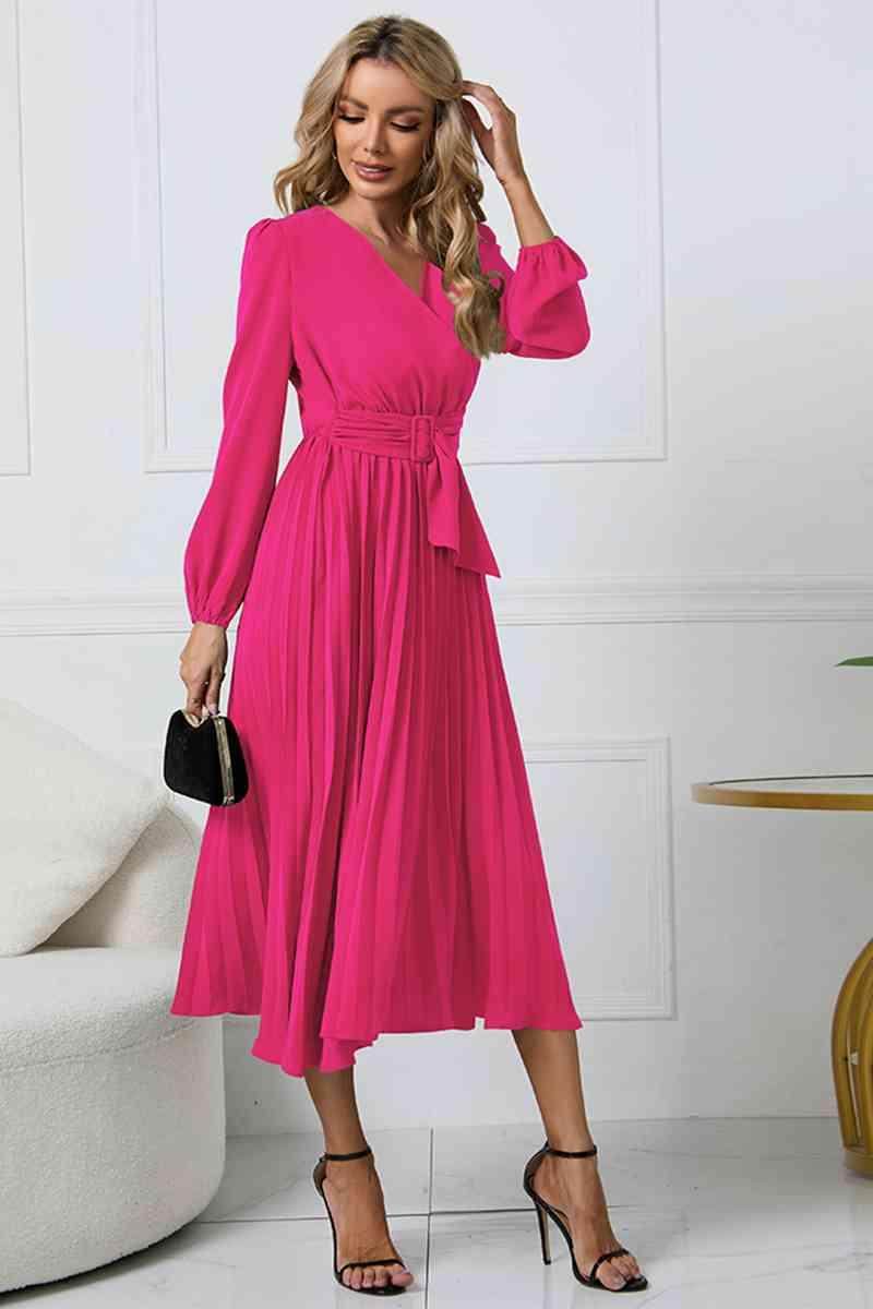 V-Neck Long Sleeve Tie Waist Midi Dress for Women - Selvanelle