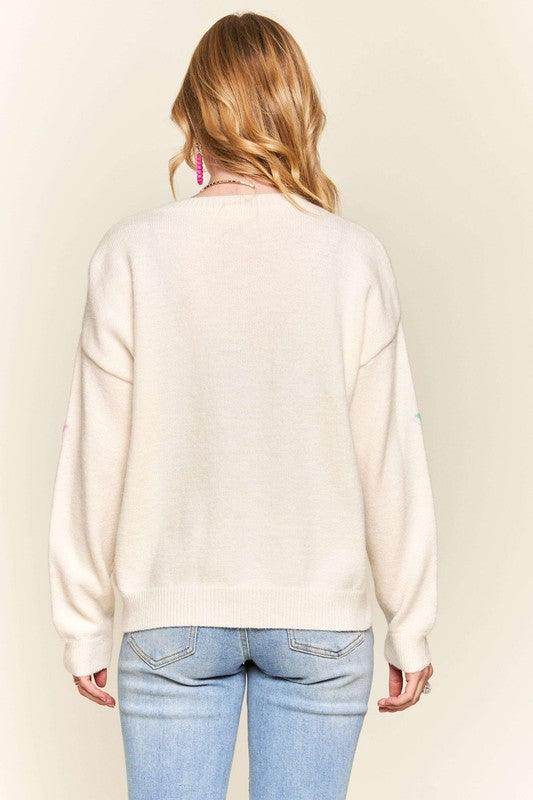 ADORA Stars Pattern Round Neck Drop Shoulder Sweater for Women - Selvanelle