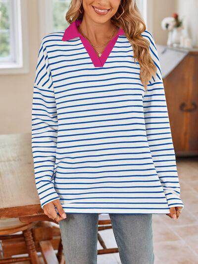 Lovelet Striped Johnny Collar Long Sleeve T-Shirt for Women - Selvanelle