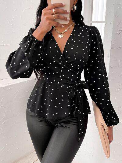 Heart Print Surplice Balloon Sleeve Blouse for Women - Selvanelle