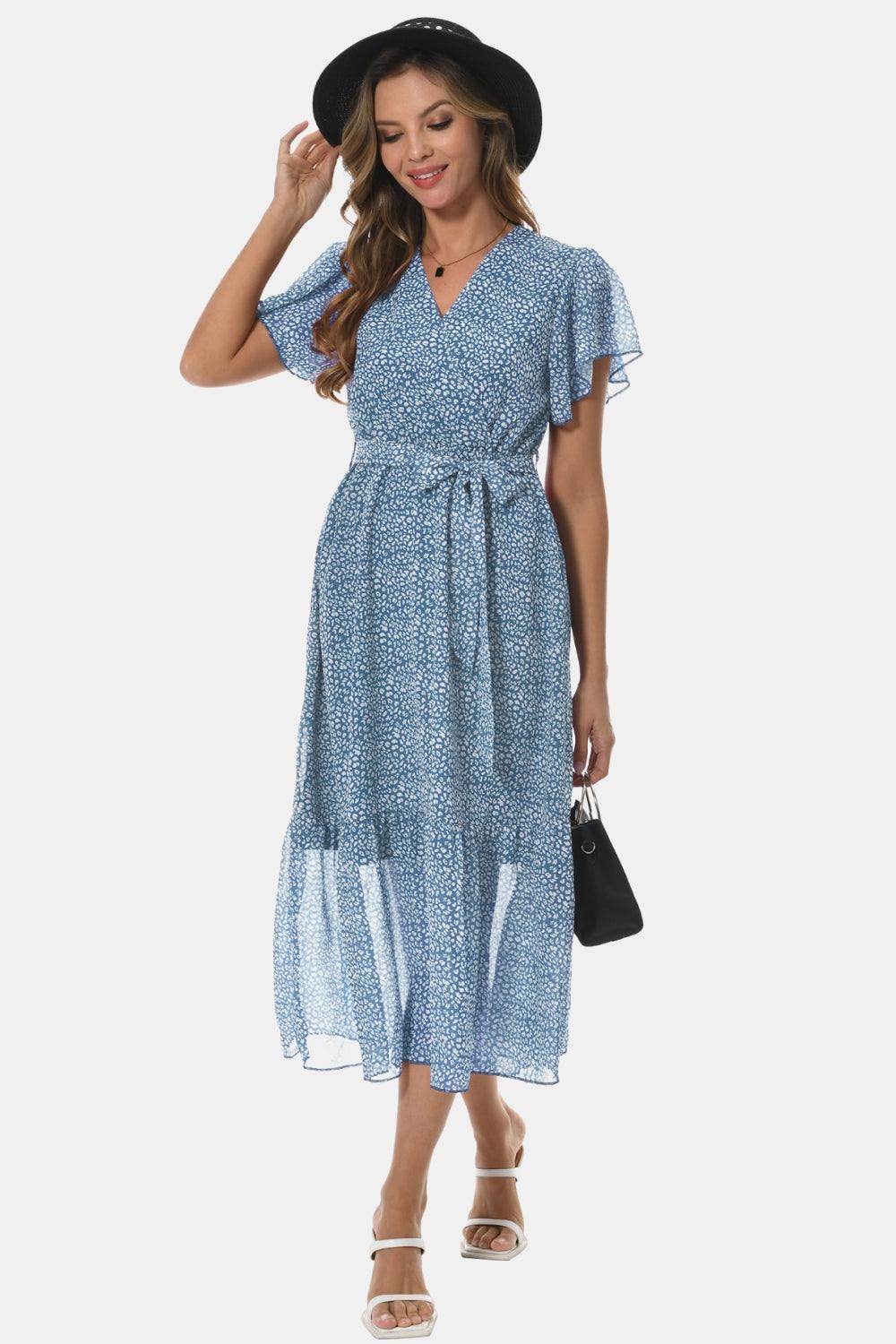 Surplice Neck Flutter Sleeve Tied Dress for Chic Style - Selvanelle