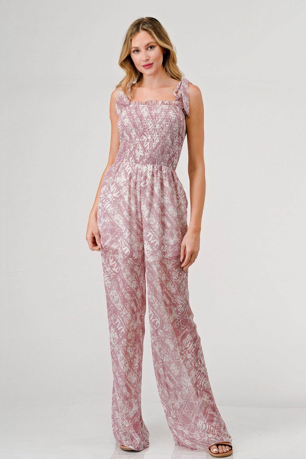 GeeGee Printed Tie Shoulder Wide Leg Jumpsuit for Women - Selvanelle